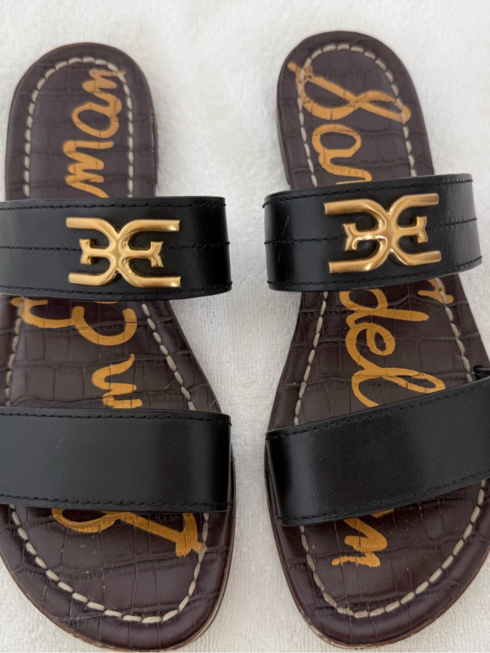 Sam Edelman Black Slide Sandals with Gold Logo
